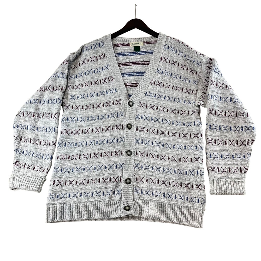 Vintage 90s St John's bay grey multicolor patterned knit cardigan sweater Size M